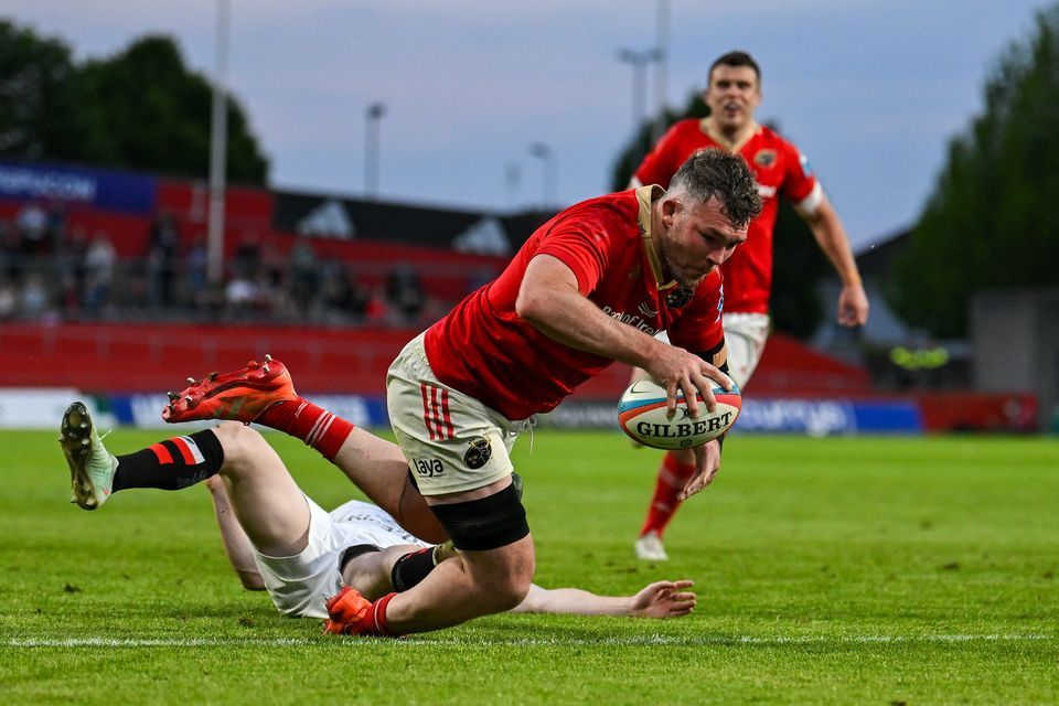 Munster's Peter O'Mahony scores his side's sixth try during the URC match against Ulster at Thomond Park in May. Photo by Brendan Moran/Sportsfile